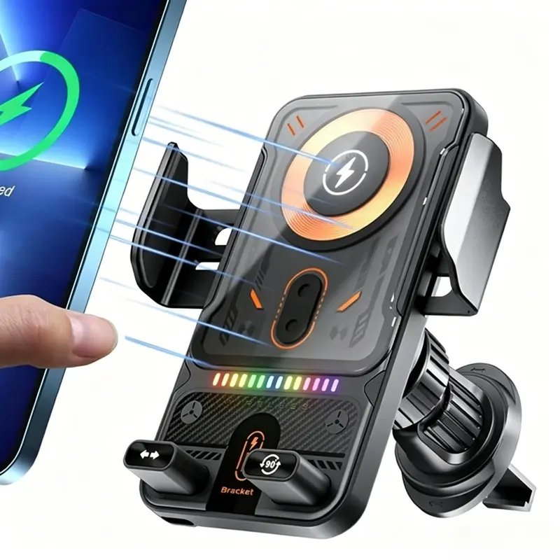 차량용 터치 자동 클램프 휴대폰 거치대, RGB 조명·고속 무선 충전·360° 회전, iPhone17/16/15/14/13/12/11 Pro Max 및 Samsung Galaxy S23 Ultra/S22/S21/S20 호환