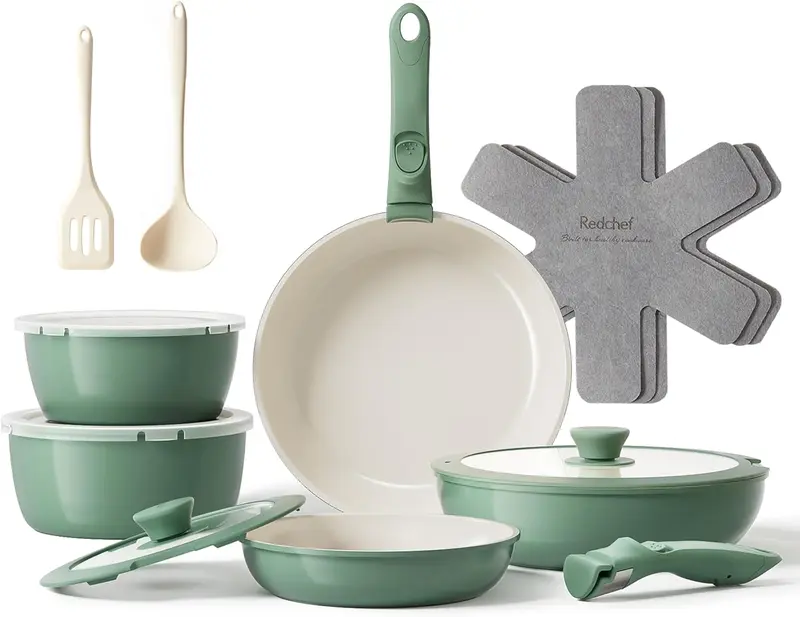 Redchef 16-Piece Stackable Ceramic Nonstick Cookware Set with Removable Handles, 20/26 cm Frying Pans, 26 cm Deep Pan and 18/20 cm Pots, Oven Safe and Suitable for All Cooktops