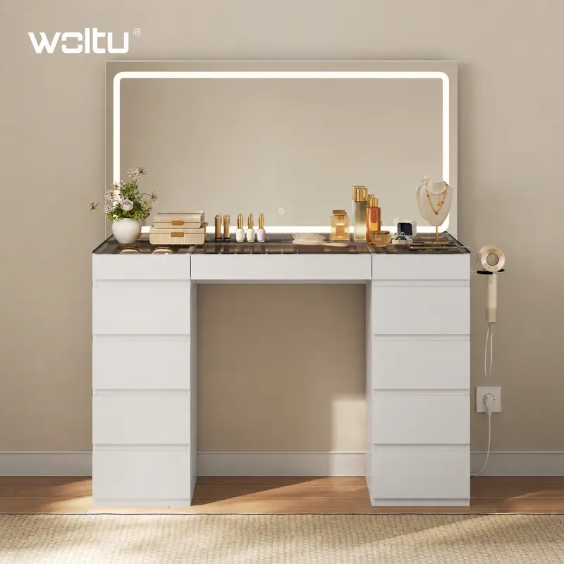 Ships in 2 Packages: WOLTU Vanity Table with Lights, Power Outlet and Mirror, 9 Drawers, 2 Cabinets with Adjustable Shelves and Tempered Glass Top, White Bedroom Makeup Table