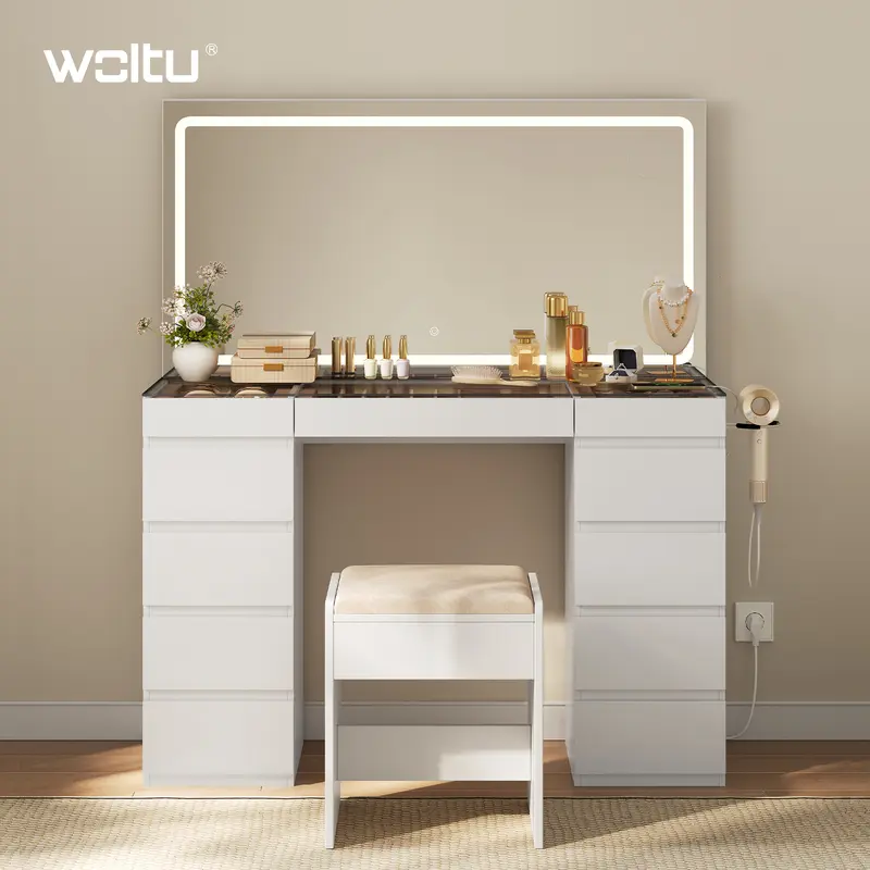 Lot de 2 meubles coiffeuses WOLTU avec éclairage, prise électrique et miroir, table de maquillage à 9 tiroirs, 2 rangements à étagères réglables et plateau en verre trempé, pour chambre, blanc