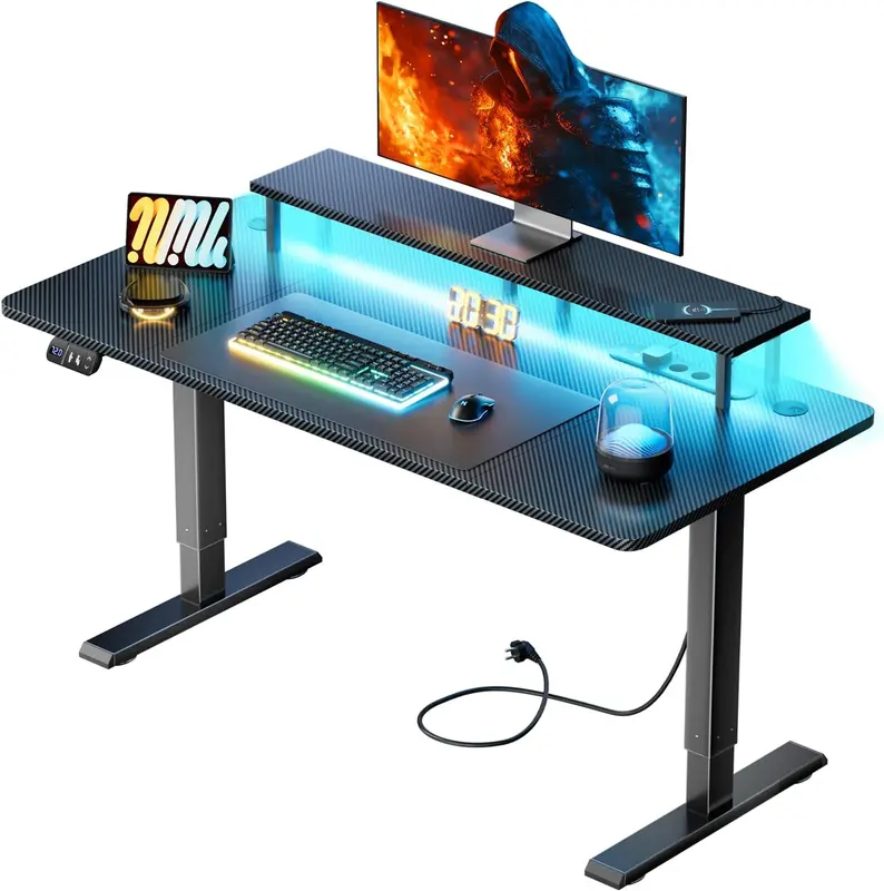 LED 높이 조절식 게이밍 데스크 120 x 60 cm, 콘센트 3개·USB 포트 2개·모니터 선반·메모리 기능을 갖춘 전동 스탠딩 책상, 블랙
