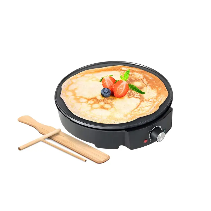 Crêpière électrique 1200 W avec plaque antiadhésive et thermostat réglable, pour crêpes, pancakes et piadine, accessoires en bois inclus