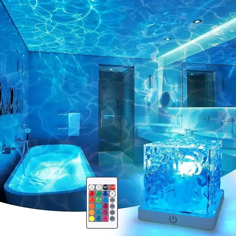 Rechargeable Waterproof Shower Light with 16-Colour Ocean-Wave Projector, Remote, Dimming and Rotating Flame Water-Ripple Effect