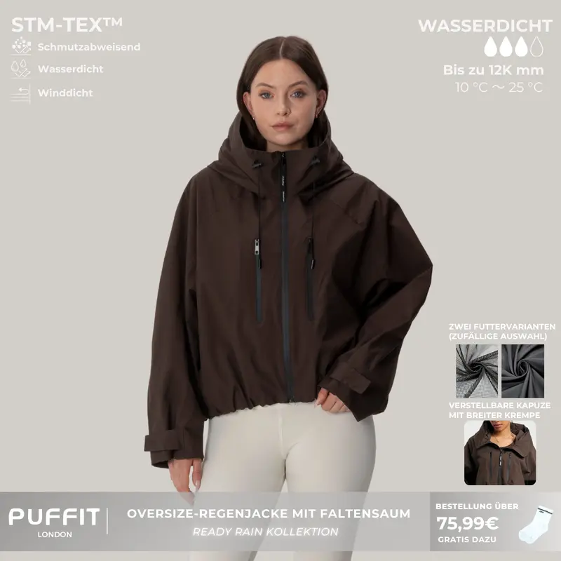 PUFFIT STM-TEX Short Waterproof Rain Jacket, One Size, Loose Fit, Pleated Hem, Hood and Adjustable Cuffs, 2026