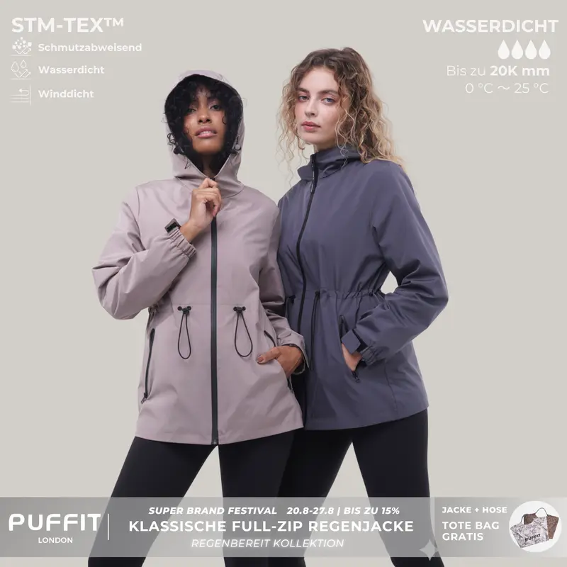 Moletom feminino leve e impermeável com capuz PUFFIT STM-TEX, jaqueta com zíper, cintura, capuz e punhos ajustáveis, design confortável, casual e elegante, manga longa, para primavera e corta-vento