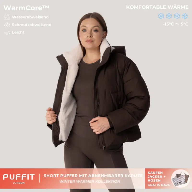 PUFFIT Jaket Puffer Minimalis Wanita 2026 dengan Tudung Lepas Pasang, Lapisan Fleece, Bulu Sintetis, Lengan Panjang, dan Saku Ritsleting untuk Musim Gugur dan Dingin