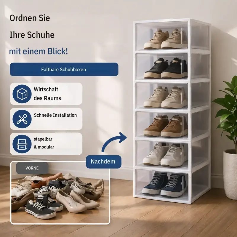 Meuble à chaussures pliable 6 niveaux, rangement empilable en plastique pour entrée, chambre ou dressing