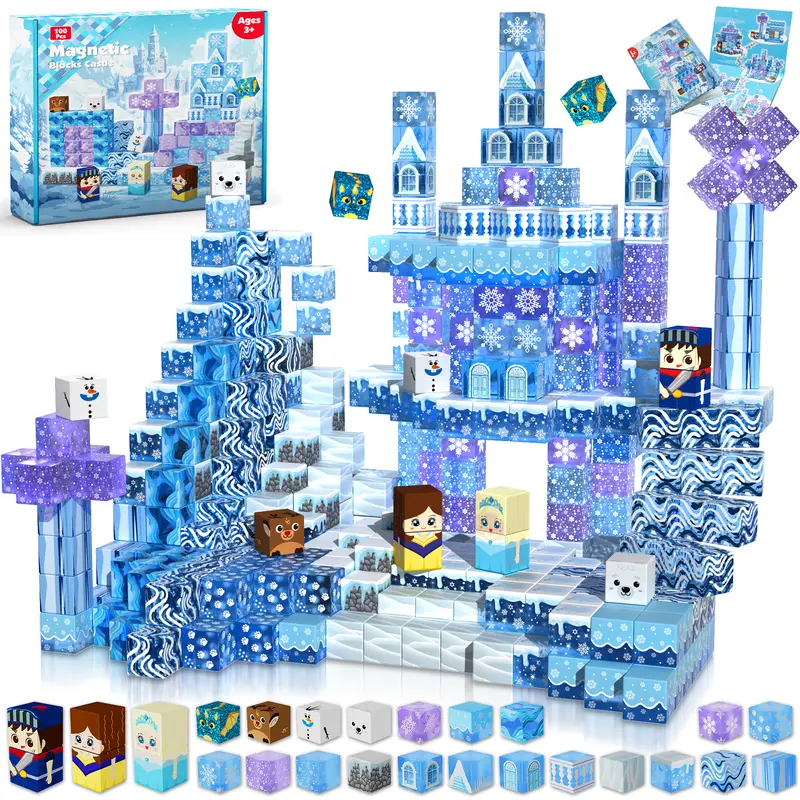 Bloques de construcción magnéticos, 100 piezas para construir un palacio de hielo (modelos transparentes), juguete Montessori magnético y sensorial STEM para niños, regalo de cumpleaños o Navidad para niñas de 3 a 10 años
