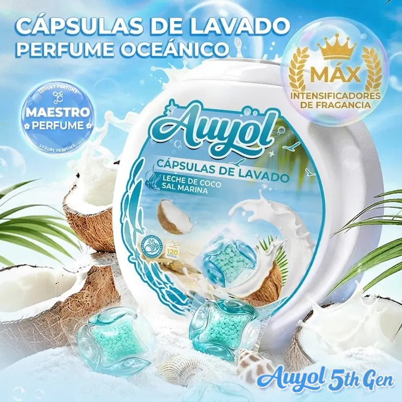 Auyol Generasi ke-5 Master Perfume Kapsul Mesin Cuci | Esensi Garam Laut dengan Kelapa | Pembersihan 5-in-1 | 120 Kali Cuci | Aroma Tahan Lama 4 Minggu | Gratis Ongkir A
