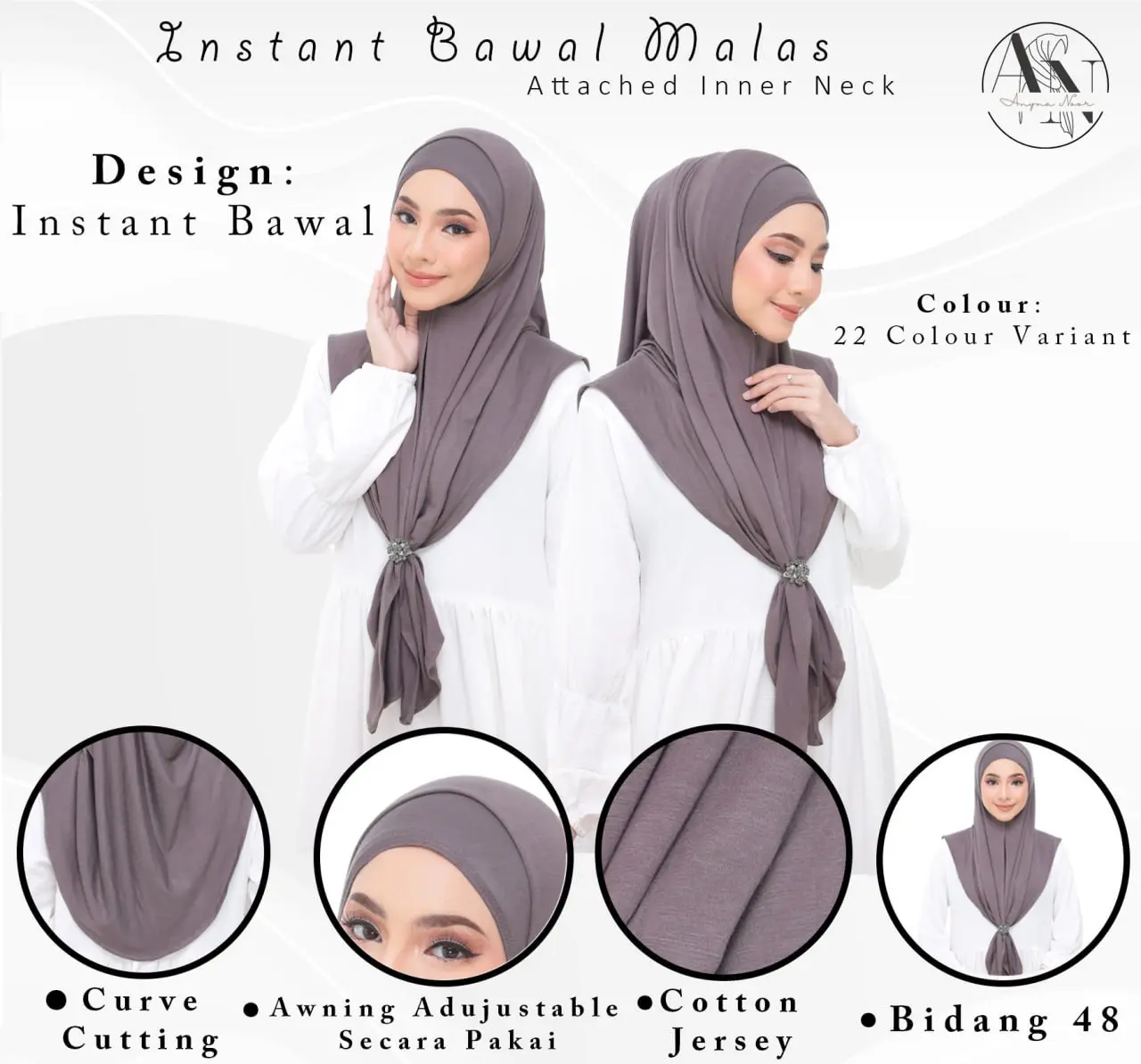 HELENA Instant Bawal Cotton-Jersey Hijab with Attached Inner Neck, Ready in 3 Seconds