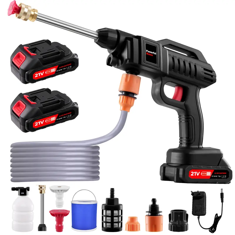 500 W 무선 휴대용 고압세척기, 0°·40° 노즐, 5 m(16.5 ft) 호스, 2 Ah·21 V 배터리 2개와 충전기 포함, 정원·세차·벽면용