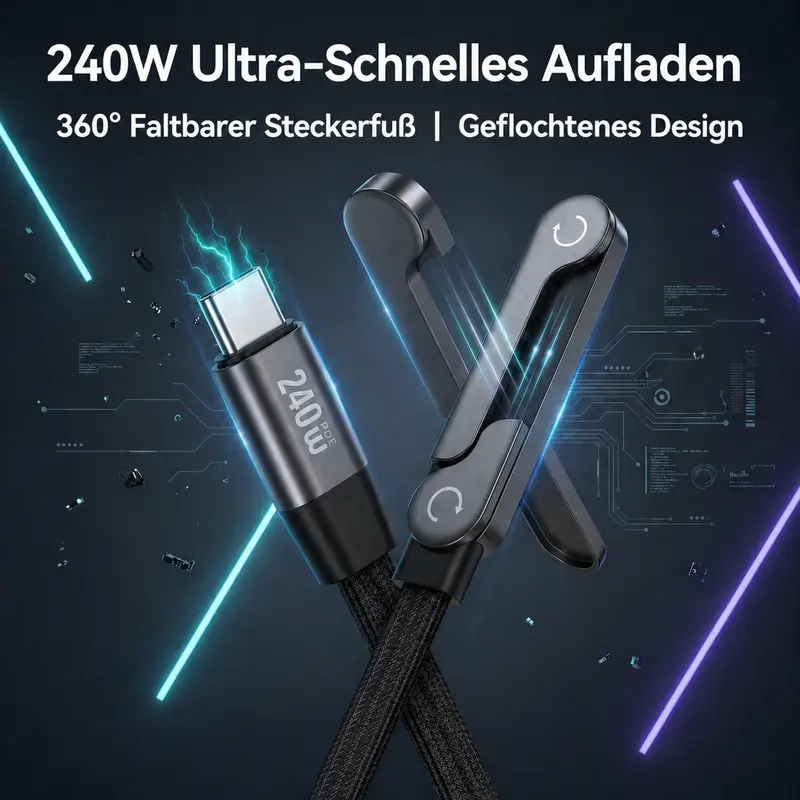 USB-C 240W快充数据线 PD CL-45｜二合一Type-C线｜360°折叠支架｜充电+免手持观看｜防缠绕｜适用于iPhone 15/16 Pro Max、Samsung、MacBook、平板和笔记本电脑