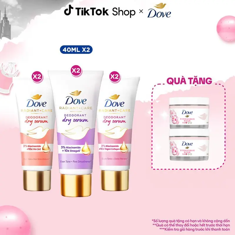 Combo 2 Kem Ngăn Mùi Vùng Cánh Tinh Chất Serum Dove Dành Cho Nữ Với 3% Niacinamide Hỗ Trợ Da Cánh Sáng Mịn Đều Màu 40mlx2 [v]