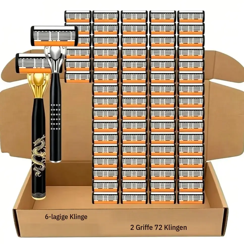 Lot de rasoirs manuels pour homme, lames en acier inoxydable à 6 tranchants, 2 manches antidérapants, 72 têtes de rechange, adapté à tous les types de peau