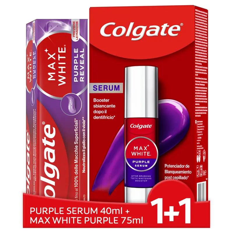 Colgate Kit - Max White Purple Booster siero sbiancante istantaneo + Dentifricio per la tua routine di sbiancamento