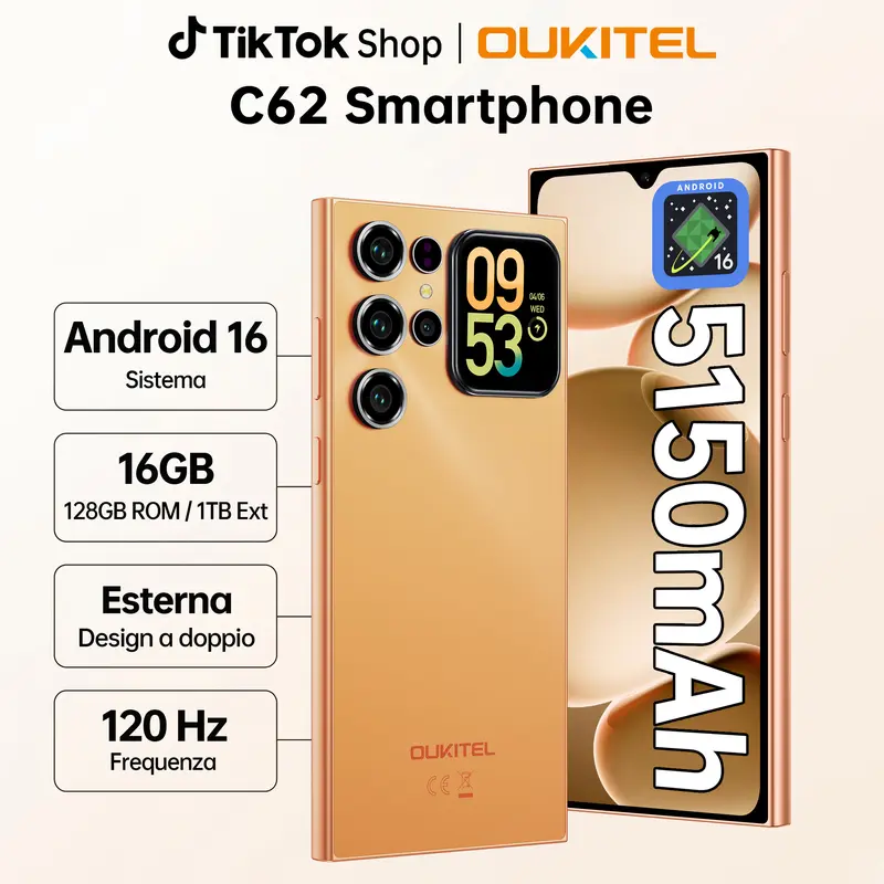 OUKITEL C62 Android 16 Smartphone, 6.88-inch 120Hz HD+ Display, 1.81-inch Rear Screen, 16 (4+12)GB + 128GB/1TB, 5150mAh, 13MP + 5MP Cameras, Dual SIM 4G