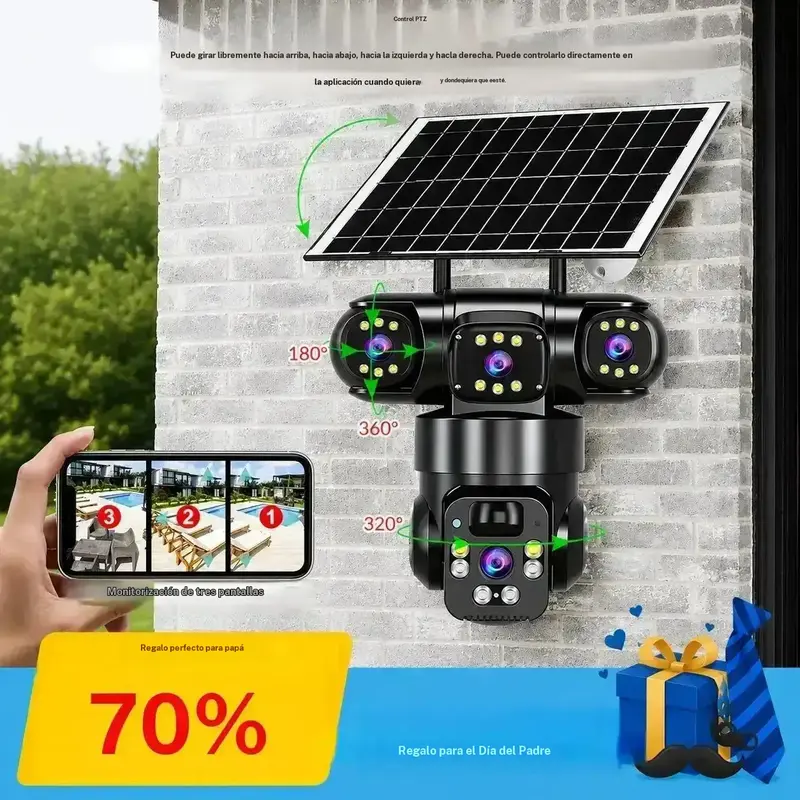 Cámara de vigilancia PTZ solar de 6 MP con 3 lentes reales, resistencia a la intemperie IP66, visión nocturna a color y audio bidireccional, sin tarjeta de memoria incluida