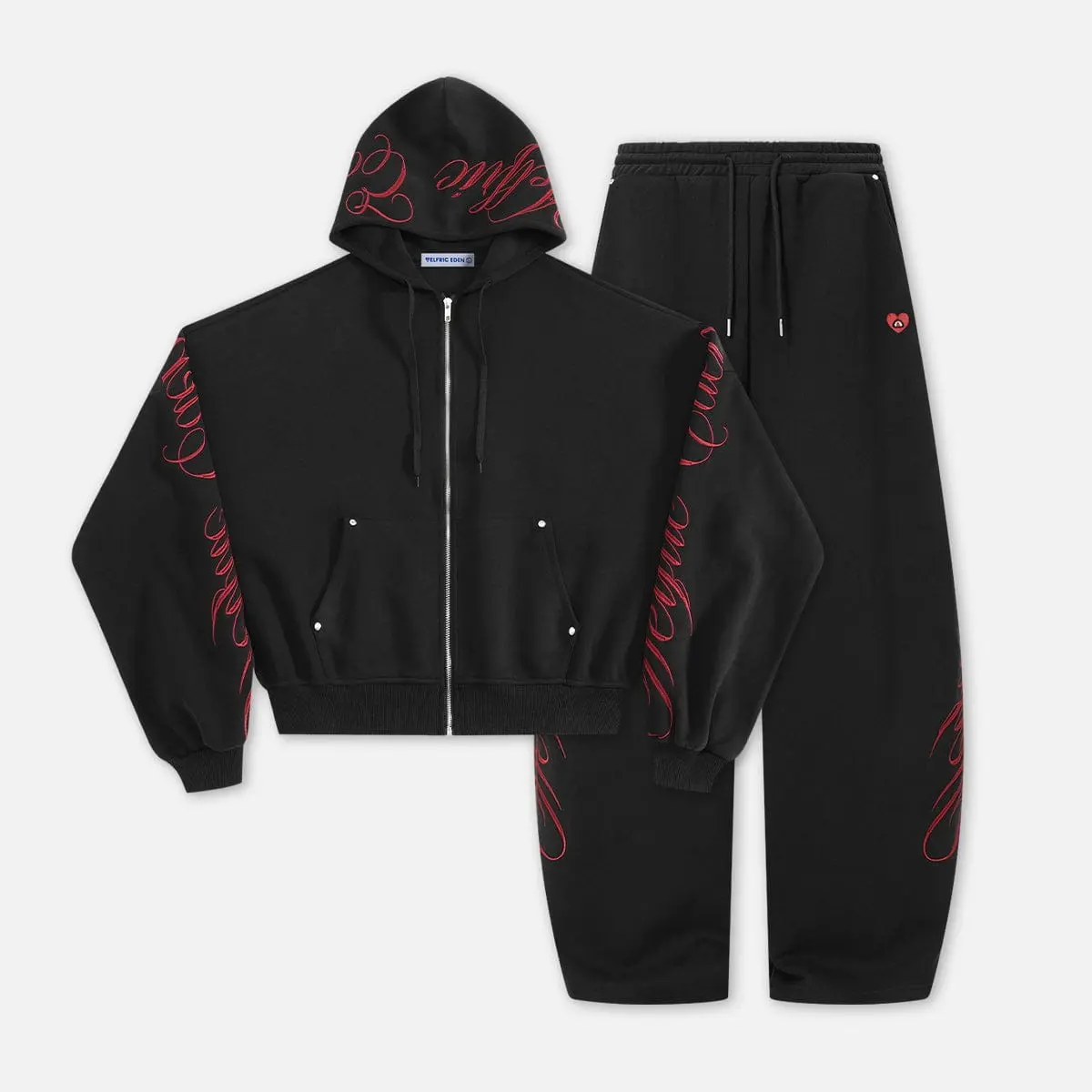 Aelfric Eden Boxy 2-teiliges Trainingsanzug-Set mit Stickerei, hohe Taille, rote Gothic-Schrift, kurz geschnittener Boxy-Kapuzenpullover mit Reißverschluss und weite Baggy-Jogginghose, weicher Stoff, Y2K-Streetwear, Unisex