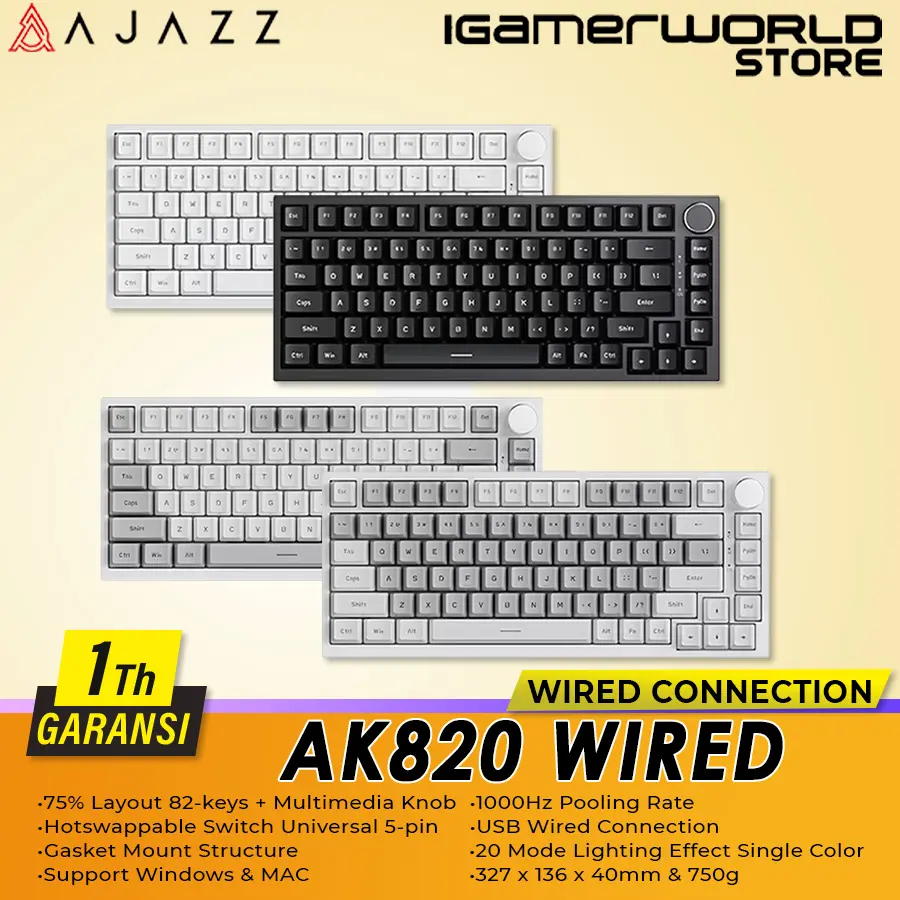 Ajazz AK820 Monochrome Wired 75% Hot-Swappable Mechanical Gaming Keyboard with Knob