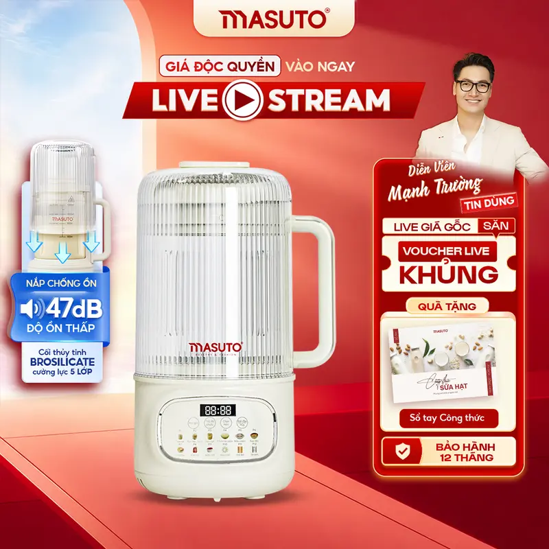 Máy làm sữa hạt Masuto phiên bản thủy tinh chống ồn MSLovePlus - BESTSELLER - Kết hợp thủy tinh cường lực, dung tích cực đại 1.200ml - Xay nhuyễn min, chống trào tốt, Có thể Xay Sinh Tố, Nấu Chậm - Tặng sổ tay công thức. Bảo hành 12 tháng