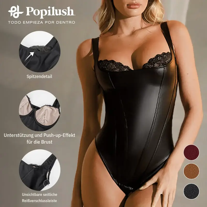 Popilush Top Corsetto Donna in Similpelle Senza Maniche con Inserti Pizzo, Body Modellante Controllo Addome, Tessuto Morbido e Confortevole, Bustier Intimo di Supporto