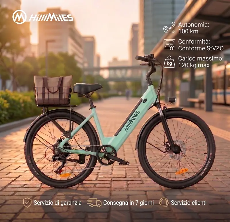 Bicicleta elétrica para adultos HillMiles MileCity1 26", com 7 velocidades, bateria removível de 36 V 13 Ah, velocidade de 25 km/h e autonomia de 80 a 100 km para deslocamentos urbanos, bagageiro traseiro, IP65 à prova d’água