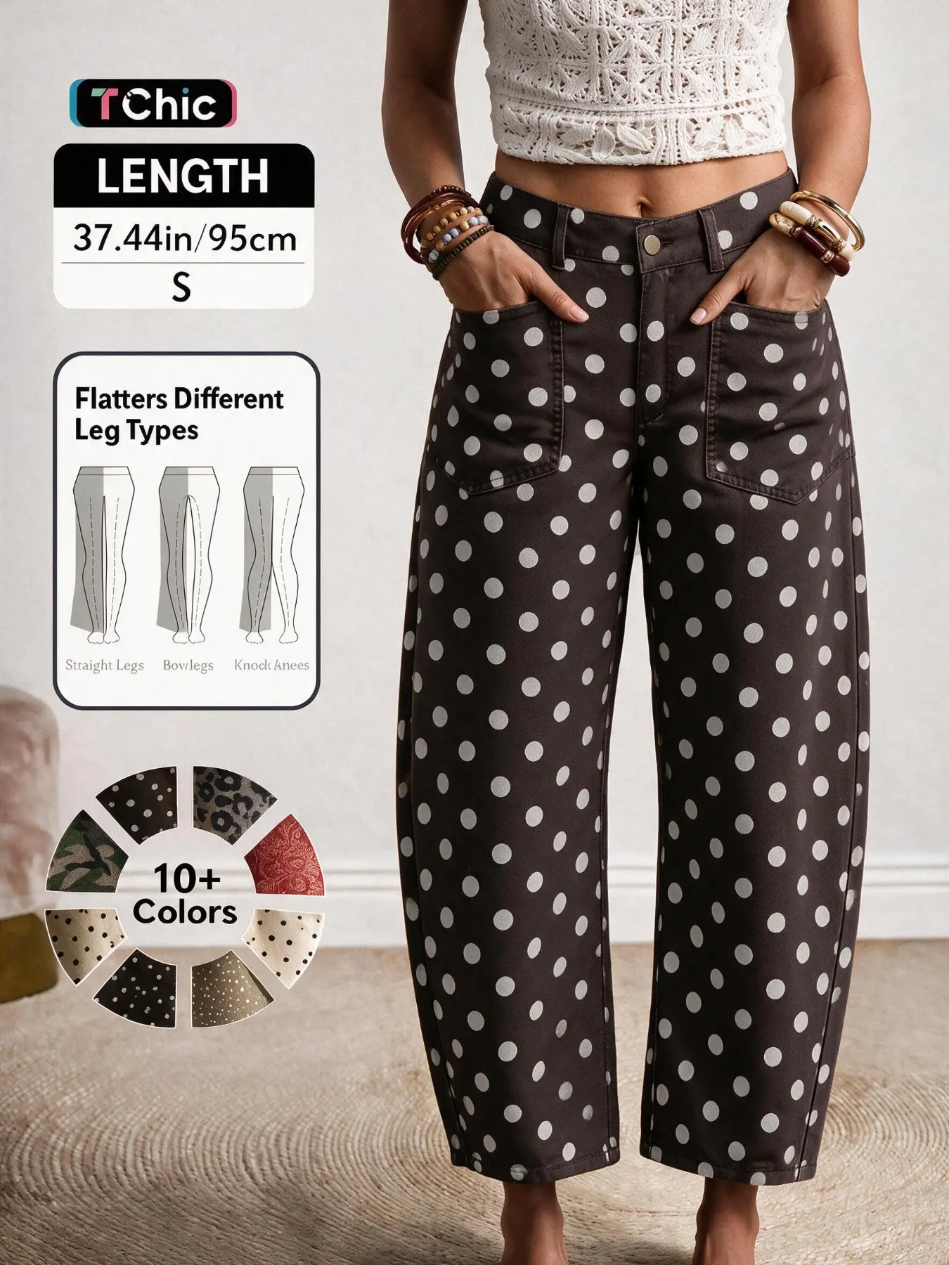 Women's Polka Dot Print Vintage Elegant Denim Curvy Pants, Stylish Retro Design, Comfortable Fit, Perfect for Casual Wear
