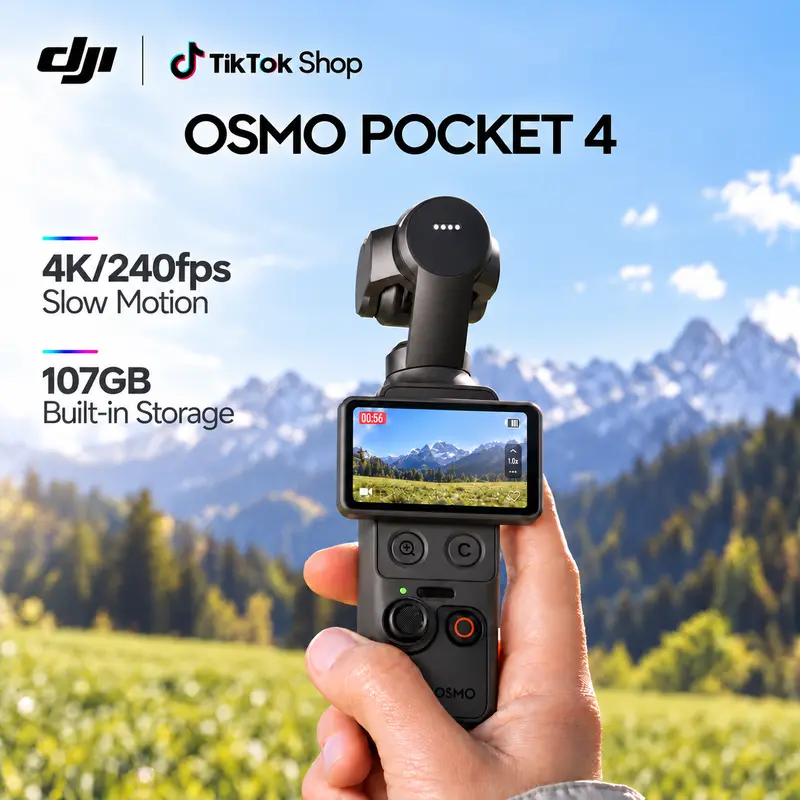 DJI Osmo Pocket 4, Pocket Gimbal Vlog Camera, 1″ CMOS & 4K/240fps, 3‑Axis Stabilization, 2× Lossless Zoom, 14‑Stop Dynamic Range, 107GB Built‑In Storage, Handle With 1/4″ Thread