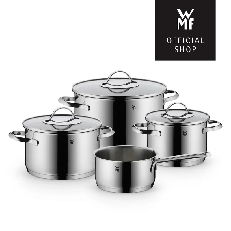 WMF Aparto 4-Piece Induction Cookware Set with Glass Lids, Polished Cromargan Stainless Steel, Uncoated