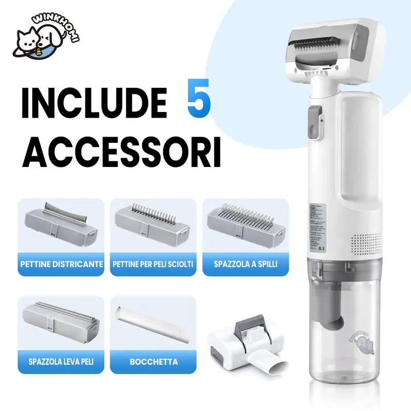 Aspirapolvere per peli di animali senza fili - Winkhomi, set di testine 5‑in‑1, tre livelli di aspirazione, compatto e portatile, ideale da viaggio, funzionamento silenzioso, ricaricabile tramite USB, ideale per rimuovere i peli degli animali, adatto a te