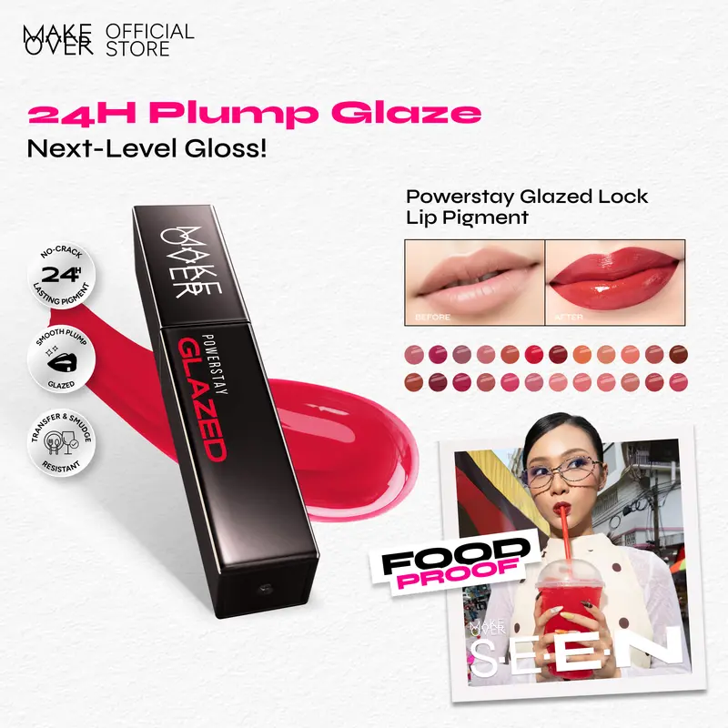 MAKE OVER Powerstay Glazed Lock 립 피그먼트, 24시간 지속 글레이즈드 립 크림·플럼핑 글로스, 가볍고 묻어남이 적은 데일리 립 메이크업, Somethin Time Less w Maybe Euphoria