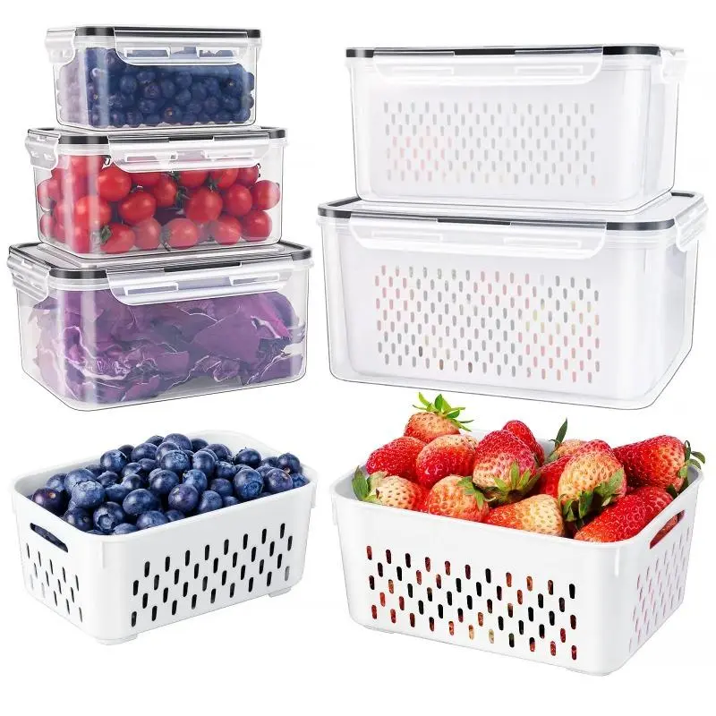 Pack de 3 organizadores apilables para refrigerador con colador extraíble, recipientes sin BPA para conservar frutas, ensalada, frutos rojos, lechuga, verduras y carne