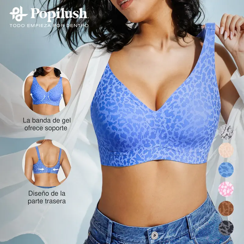 【小さめサイズ】Popilush レオパード柄ジェリーシームレスワイヤレスブラ｜調節可能ストラップ付きTシャツブラ・なめらかフィットのレディース下着