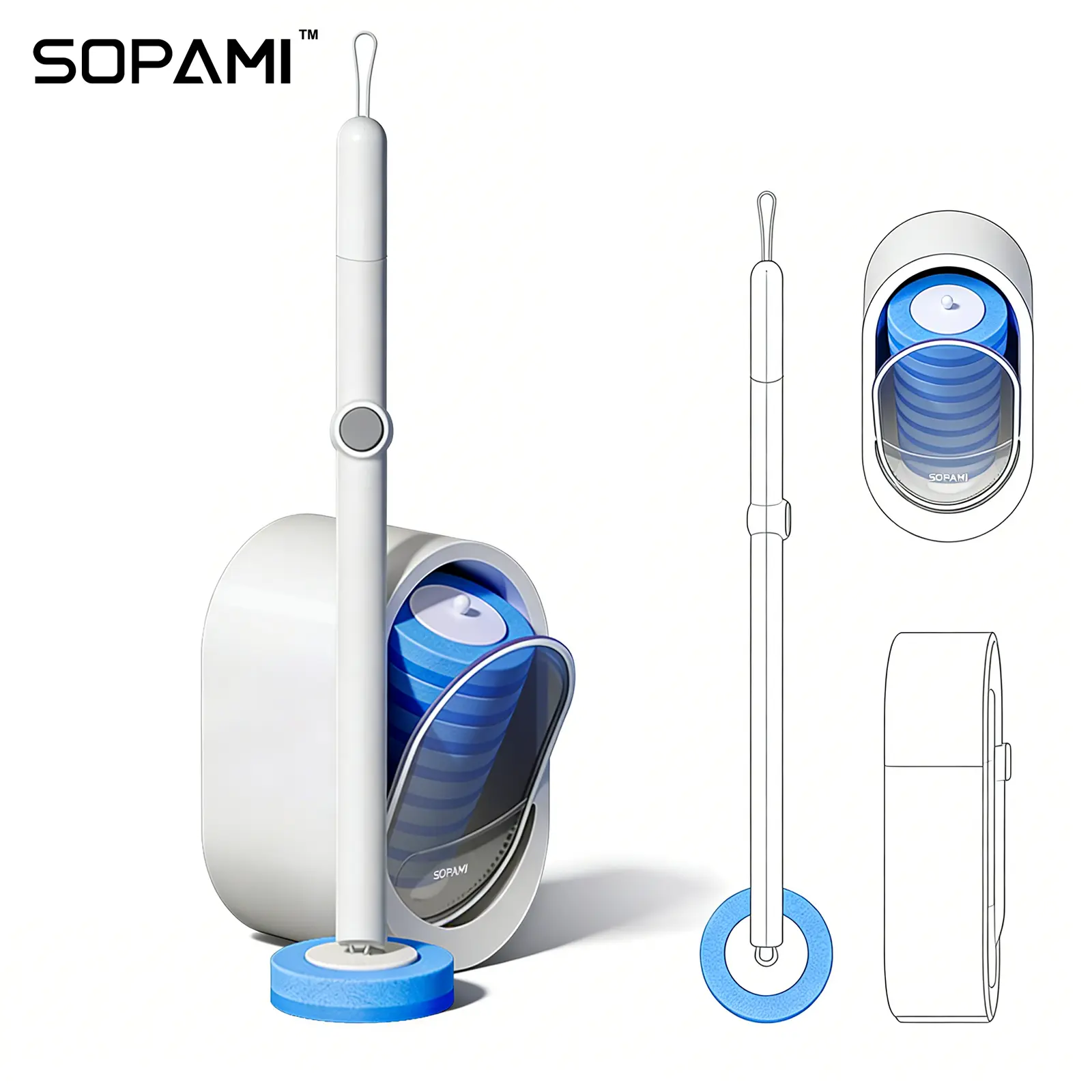 SOPAMI Disposable Toilet Brush Set - Replacement Heads & Wall Mount Holder, Rotating Hands-Free Deep Scrub for Toilet Edge & Dead Corner, Household Bathroom Supply for Home & Camper