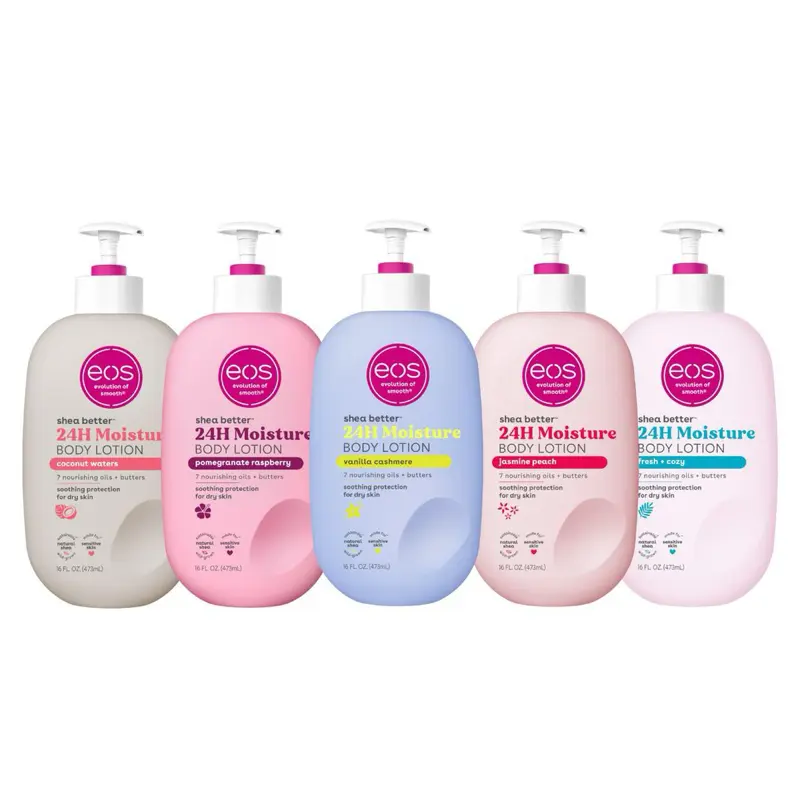 Lotion hydratante corps EOS Shea Better 24H aux laits et beurres nourrissants pour peaux sèches, formule hydratante en plusieurs parfums