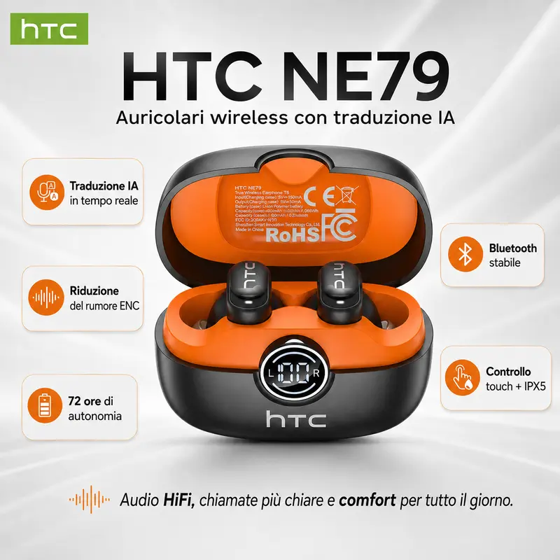 HTC NE79 실시간 통역 무선 인이어 이어폰, AI 소음·바람 감소, 선명한 통화용 마이크 3개, HiFi 오디오, 터치 제어, 안정적인 Bluetooth, 3D 인체공학 핏, IPX5, LED 디스플레이 충전 케이스