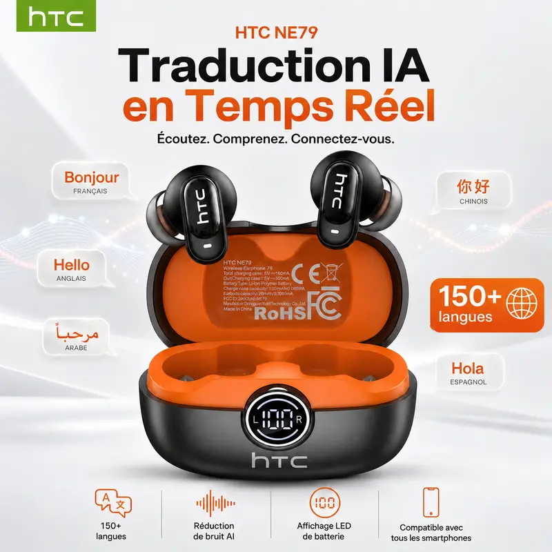 HTC NE79 AI翻译耳机，Bluetooth 6.0，支持150+种语言实时翻译，降噪防风，3麦克风，HiFi音质，触控操作，IPX5防水，LED电量显示，长续航，兼容所有智能手机