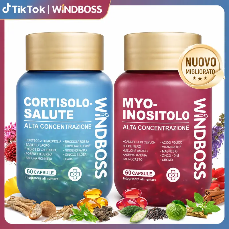 WindBoss multivitamines pour l’équilibre du cortisol avec myo-inositol, magnésium, ashwagandha KSM-66 et L-théanine, formule TOUT-EN-UN, 120 capsules molles