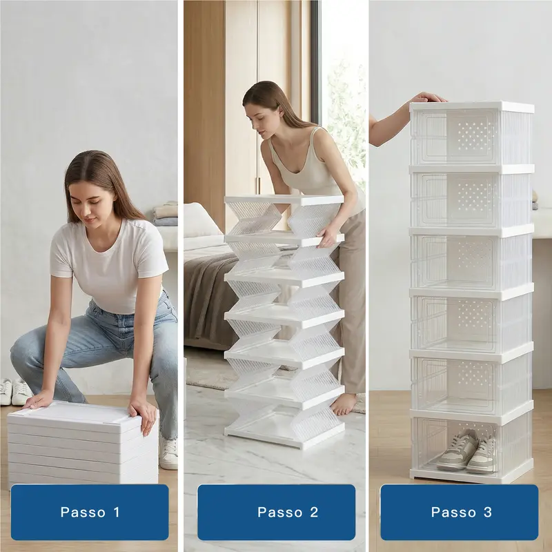 Space-saving foldable plastic shoe rack and stackable organizer, 6 compartments, for entryways, closets and hallways