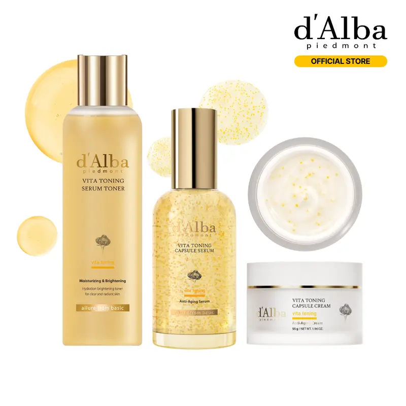 Coffret officiel d'Alba Vita Toning : routine éclat en 3 étapes avec lotion tonique, sérum et crème, pour un teint plus uniforme et des taches brunes atténuées
