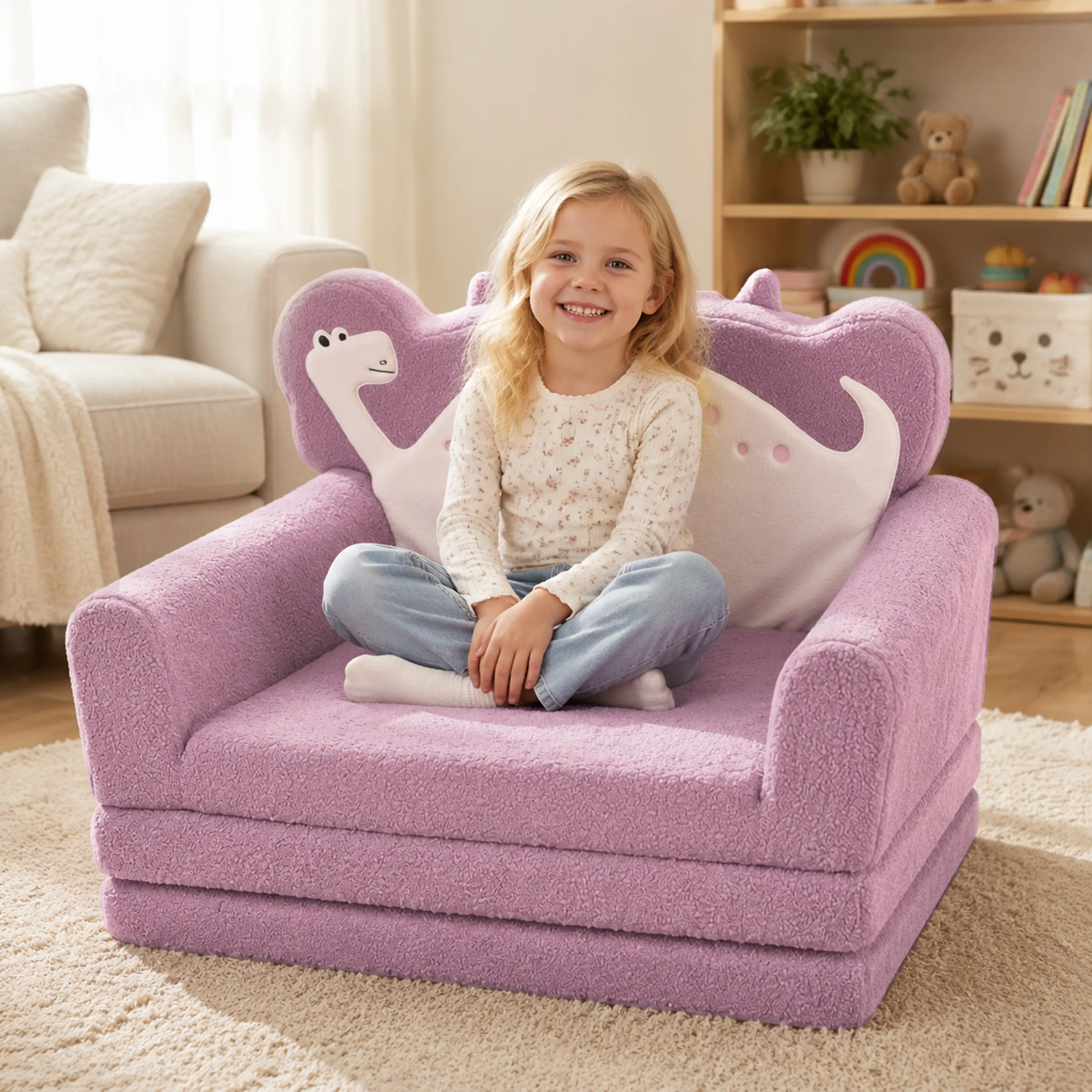 Stock Royaume-Uni | Fauteuil dinosaure enfant 3-en-1 pliable, convertible en canapé, chaise longue et lit, housse amovible lavable en polaire teddy douce