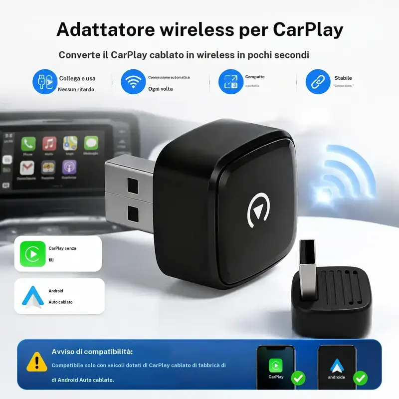 Adaptador sem fio 2 em 1 Sunweyer S41 para CarPlay e Android Auto; converte CarPlay/Android Auto com fio em conexão sem fio, compatível com USB-A e USB-C, Plug & Play, atualização OTA e veículos com CarPlay e Android Auto com fio de fábrica