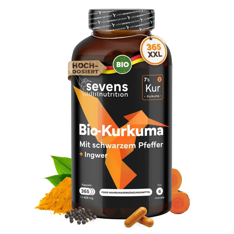 Sevens Bio-Kurkuma mit Ingwer und schwarzem Pfeffer, 1410 mg pro Tagesdosis, 365 vegane Kapseln