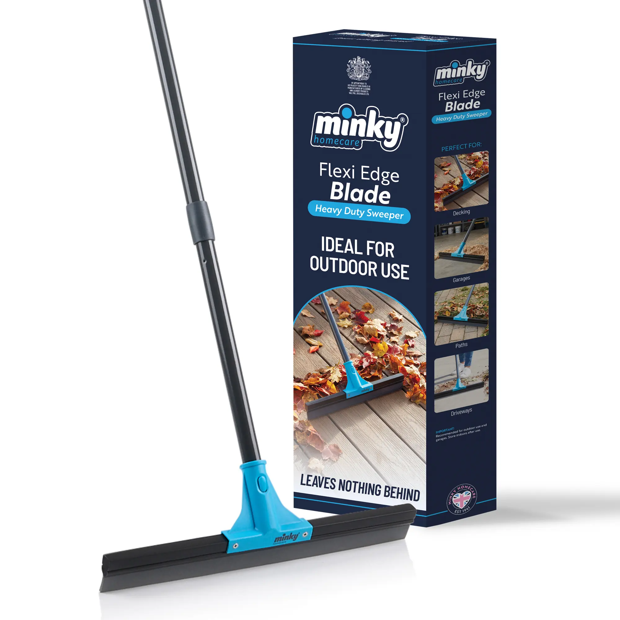 Escoba reforzada Minky Homecare Flexi Edge con hoja flexible de goma de 44 cm para patios, terrazas, senderos, entradas de vehículos y garajes, gris, azul y negro