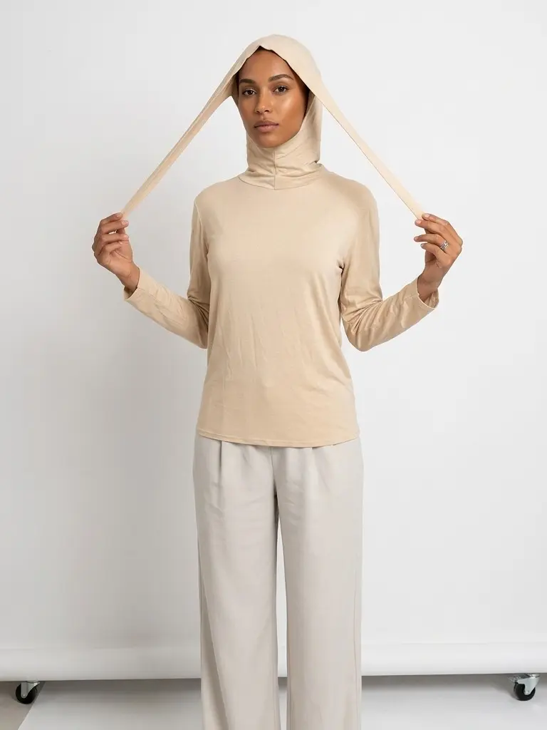 Oberteil mit integriertem Hijab und Zubehör unter dem Hijab, bedeckendes Kleidungsstück, schlichte Mode, langärmliges Damenoberteil, Viskoseoberteil, elastisches Oberteil