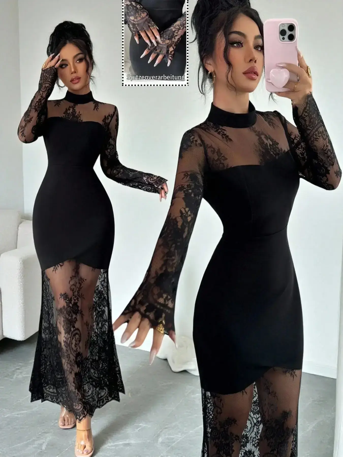 Women's Elegant Floral Lace Long-Sleeve Dress, Stand Collar, Fishtail Style, for Fall Evenings, Weddings and Parties