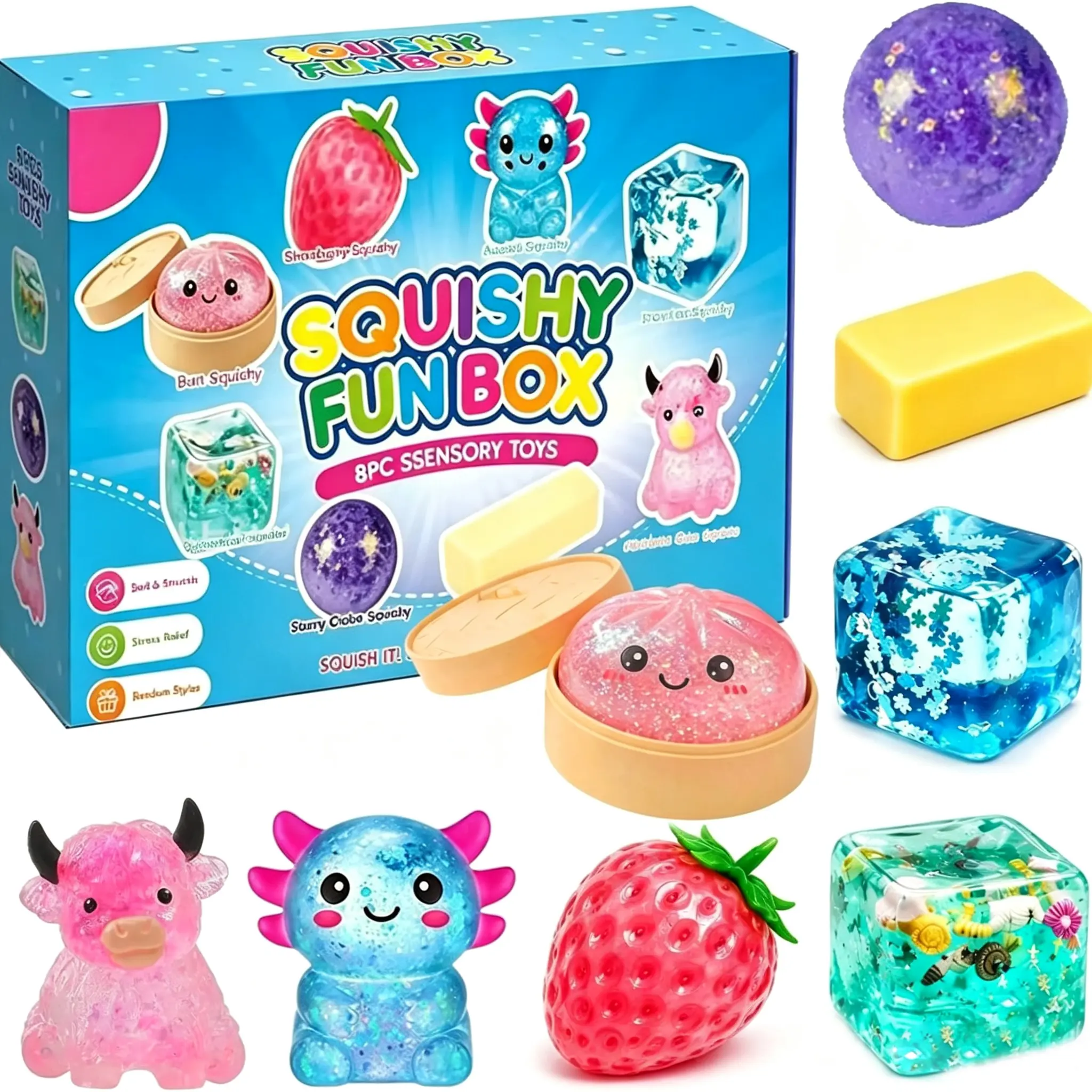 Boîte de 8 squishies, jouets sensoriels anti-stress en forme de sucre malté, coffret sensoriel, squishies à retour lent, cadeaux de fête, 8 modèles différents