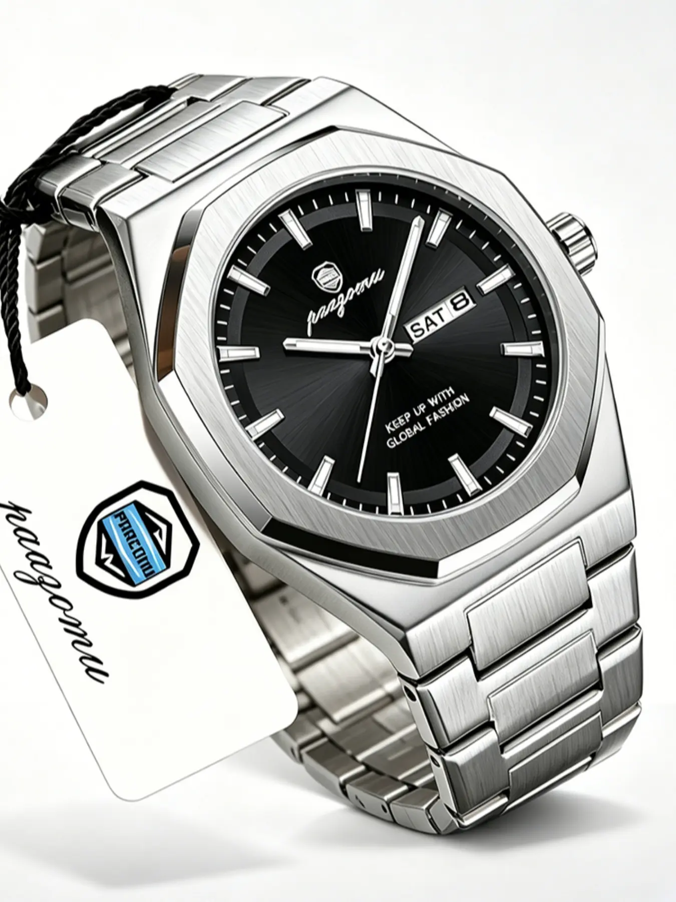 Paazomu Men's Waterproof Stainless Steel Quartz Watch with Luminous Dial, Date and Day Display