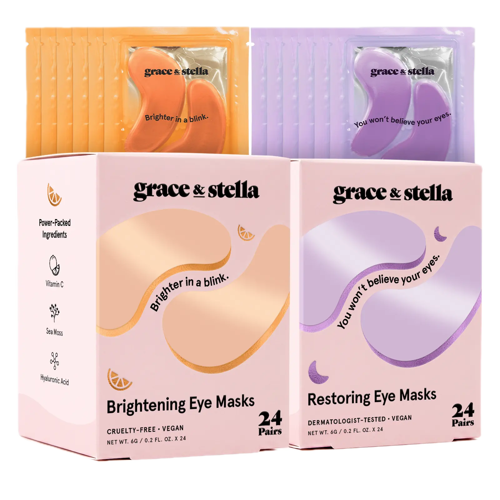 Coffret AM + PM grace & stella – 24 x 2 paires de patchs contour des yeux illuminateurs et réparateurs contre les cernes, poches et rides, soin hydratant, raffermissant et lissant