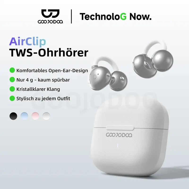 GOOJODOQ J248 cuffie clip-on bluetooth 5.3 a orecchie aperte, forma c, leggere (4 g), direzionalità del suono e audio a 360°, auricolari sportivi senza fili con microfono, ipx5, lunga autonomia della batteria